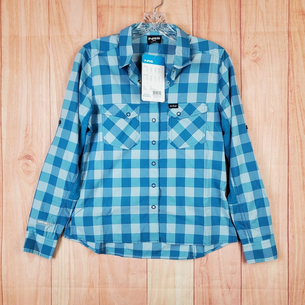 NRS Women Guide Shirt Sz XS Blue Plaid Nylon Collared Long Sleeve Snap Button-Up